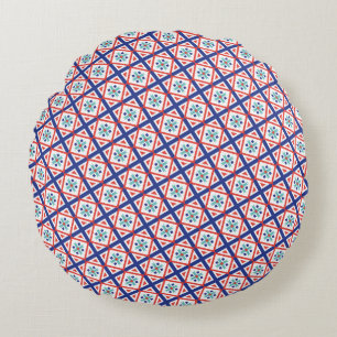 Modern Blue & Coral Geometric Diamond Lattice Round Cushion