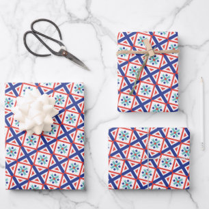 Modern Blue & Coral Geometric Diamond Lattice Wrapping Paper Sheet