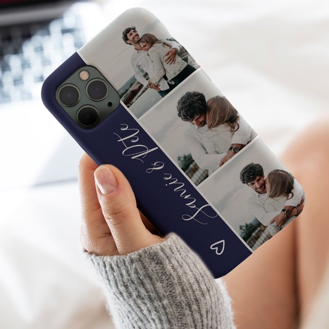 Modern blue couple names 3 photos collage grid Case-Mate iPhone case (Creator Uploaded)