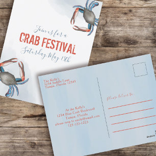 Modern Blue Crab Watercolor Minimalist Coastal Postcard