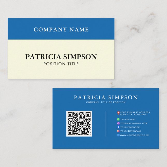 Modern Blue & Cream Minimalist QR Social Networks Business Card (Front/Back)