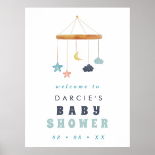 Modern Blue Crib Mobile Blue Baby Shower Welcome Poster