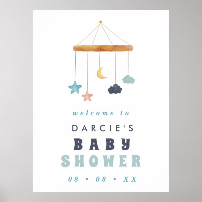 Modern Blue Crib Mobile Blue Baby Shower Welcome Poster (Front)