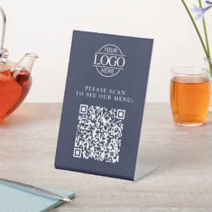 Modern Blue Custom Business Logo QR Code Menu  Pedestal Sign