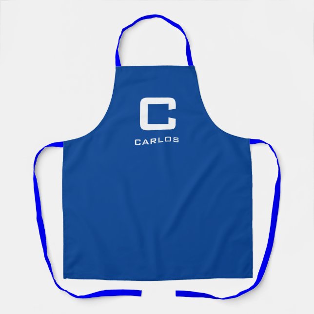 Modern blue custom name monogram kitchen and bbq apron (Front)