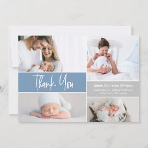 Modern Blue Custom Photo Collage Baby Boy Shower Thank You Card