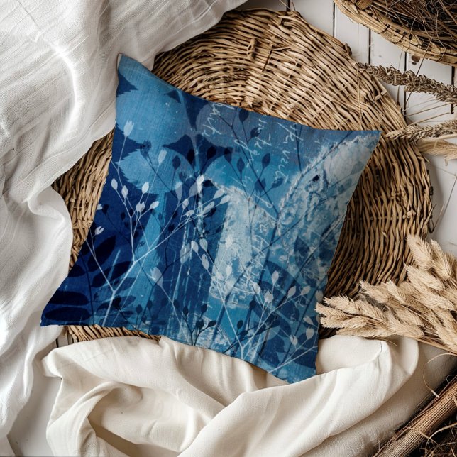 Modern Blue Cyanotype Botancial Foliage  Cushion (Creator Uploaded)