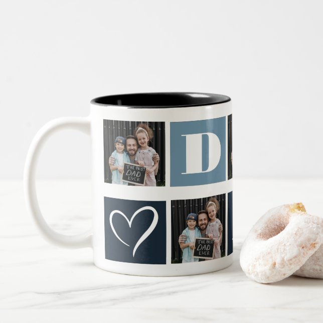 Modern Blue Dad Photo Collage Fathers Day Two-Tone Coffee Mug (With Donut)