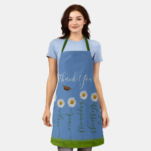 Modern Blue Daisy Floral Thank You Typography Apron