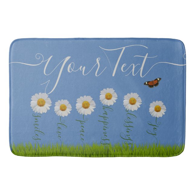 Modern Blue Daisy Floral Thank You Typography  Bath Mat (Front)