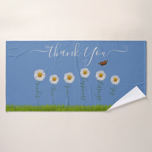 Modern Blue Daisy Floral Thank You Typography Bath Towel (Bath Towel)