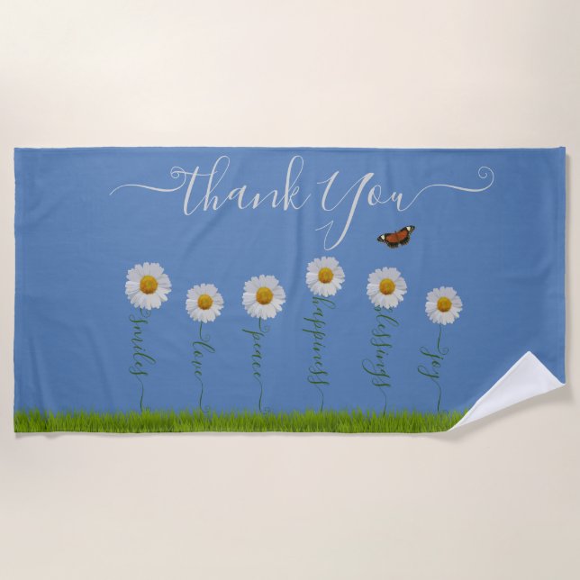 Modern Blue Daisy Floral Thank You Typography Beach Towel (Front)
