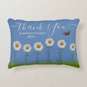 Modern Blue Daisy Floral Thank You Typography  Decorative Cushion