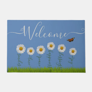 Modern Blue Daisy Floral Thank You Typography Doormat