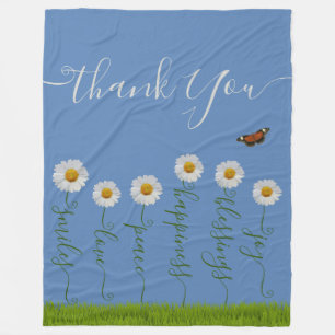 Modern Blue Daisy Floral Thank You Typography Fleece Blanket
