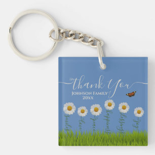 Modern Blue Daisy Floral Thank You Typography Key Ring