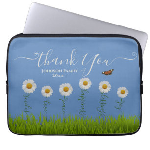 Modern Blue Daisy Floral Thank You Typography  Laptop Sleeve