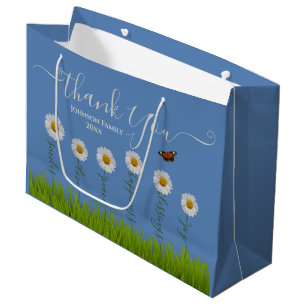 Modern Blue Daisy Floral Thank You Typography Large Gift Bag