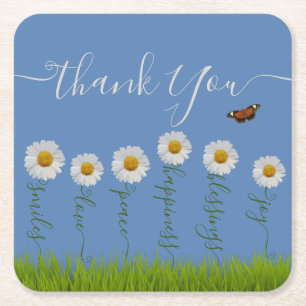 Modern Blue Daisy Floral Thank You Typography Square Paper Coaster