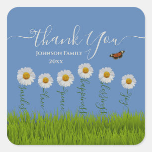 Modern Blue Daisy Floral Thank You Typography  Square Sticker