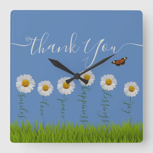 Modern Blue Daisy Floral Thank You Typography  Square Wall Clock (Front)