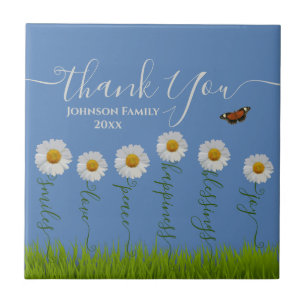 Modern Blue Daisy Floral Thank You Typography  Tile