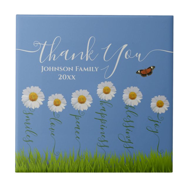 Modern Blue Daisy Floral Thank You Typography  Tile (Front)