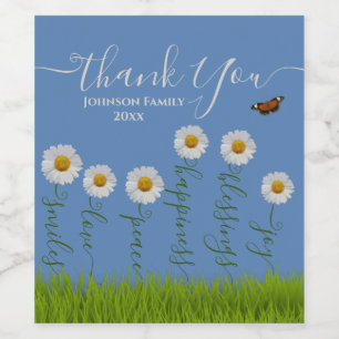 Modern Blue Daisy Floral Thank You Typography  Wine Label