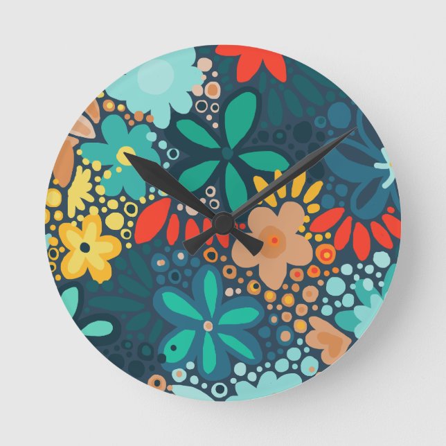 Modern blue dark floral  round clock (Front)