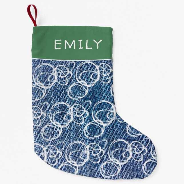 Modern Blue Denim Jean Abstract White Pattern Name Small Christmas Stocking (Front)