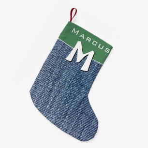 Modern Blue Denim Jeans Monogram Name Kids Small Christmas Stocking