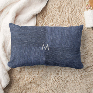 Modern blue denim jeans pattern monogrammed lumbar cushion