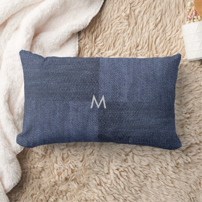Modern blue denim jeans pattern monogrammed lumbar cushion (Blanket)