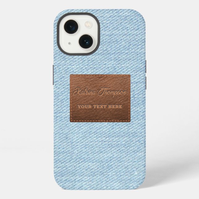 Modern Blue Denim Jeans Texture Leather Patch iPhone Case (Back)