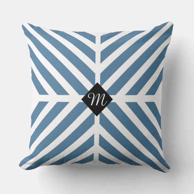Modern Blue Diagonal Stripes Monogram Initial Cushion (Front)