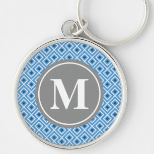 Modern Blue Diamond Graphic Pattern Monogram Key Ring