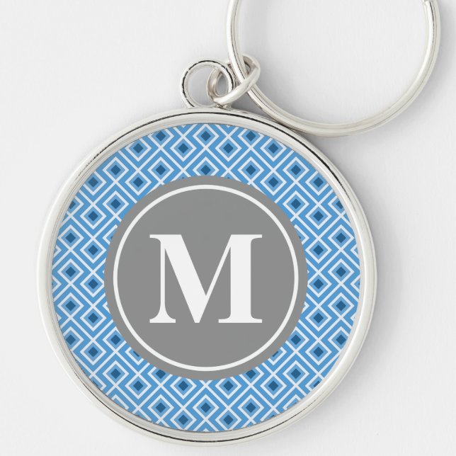 Modern Blue Diamond Graphic Pattern Monogram Key Ring (Front)