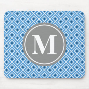 Modern Blue Diamond Graphic Pattern Monogram Mouse Mat