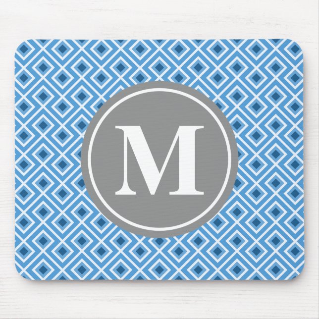 Modern Blue Diamond Graphic Pattern Monogram Mouse Mat (Front)