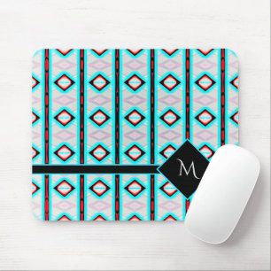 Modern Blue Diamond Red Pattern White Monogram Mouse Mat