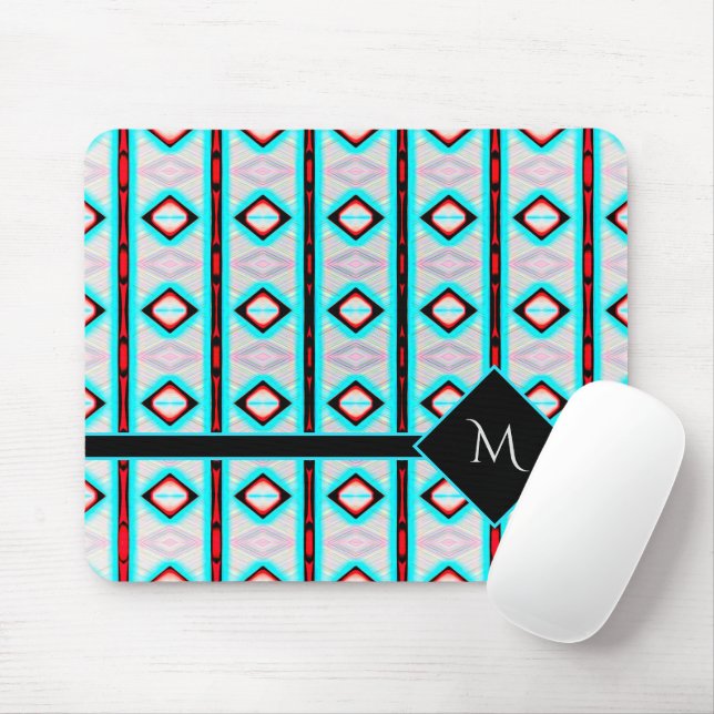 Modern Blue Diamond Red Pattern White Monogram  Mouse Mat (With Mouse)