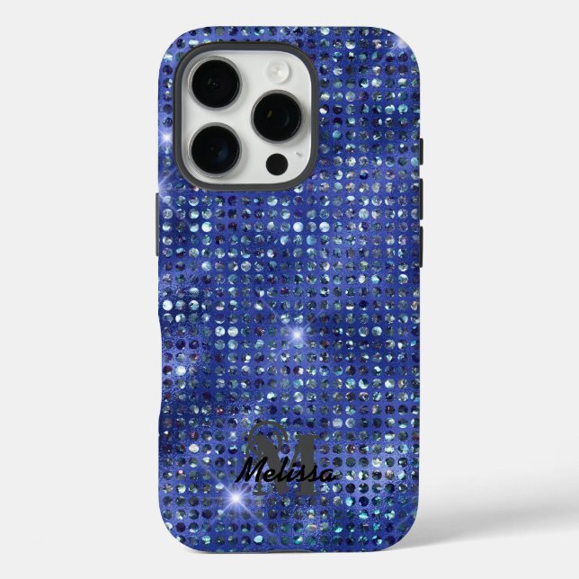 Modern Blue Diamond Studded Pattern Monogram  Case-Mate iPhone Case (Back)