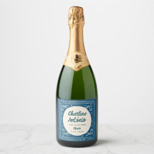 Modern Blue Drawing Handwriting Retro Wedding   Sparkling Wine Label