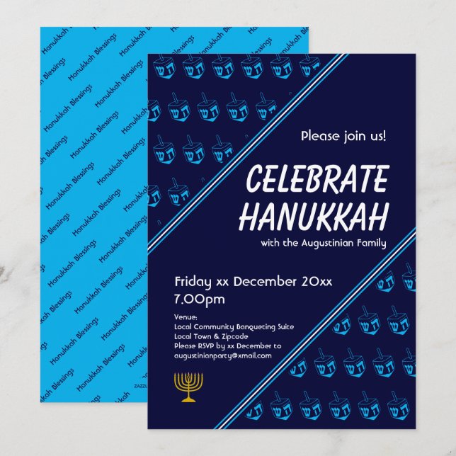 Modern Blue DREIDEL Custom CELEBRATE HANUKKAH Invitation (Front/Back)