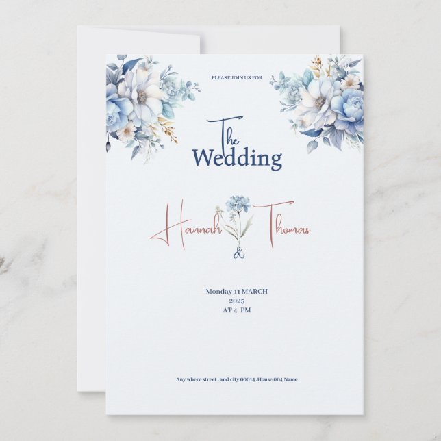 modern blue dusty Wedding Card flowers bride (Front)