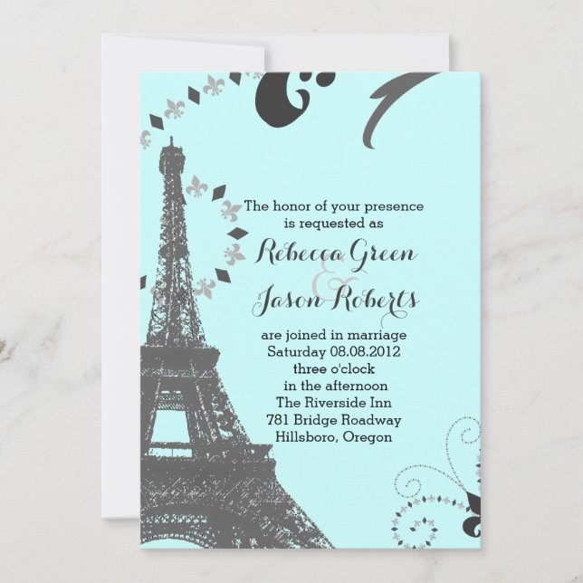 modern blue eiffel tower vintage paris wedding invitation (Front)