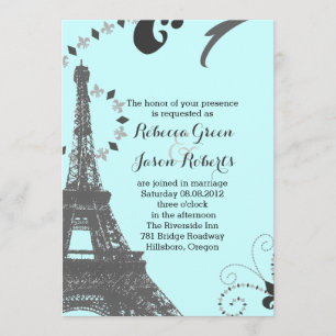 modern blue eiffel tower vintage paris wedding invitation