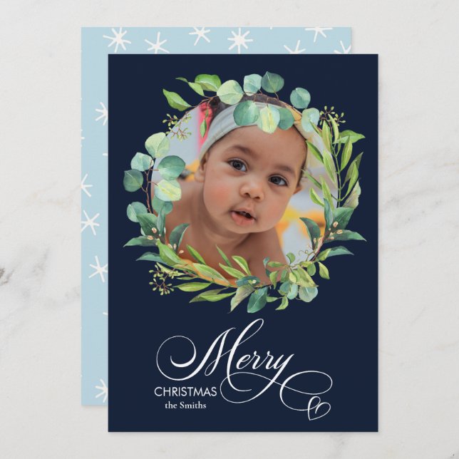 Modern Blue Elegant Script Eucalyptus Foliage Holiday Card (Front/Back)