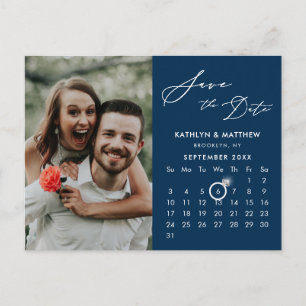 Modern Blue Elegant Script Photo Save the Date Announcement Postcard