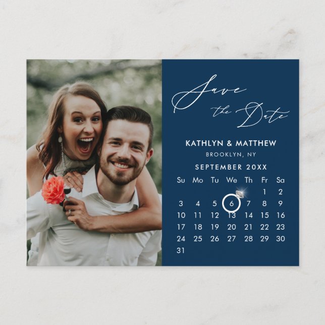 Modern Blue Elegant Script Photo Save the Date Announcement Postcard (Front)
